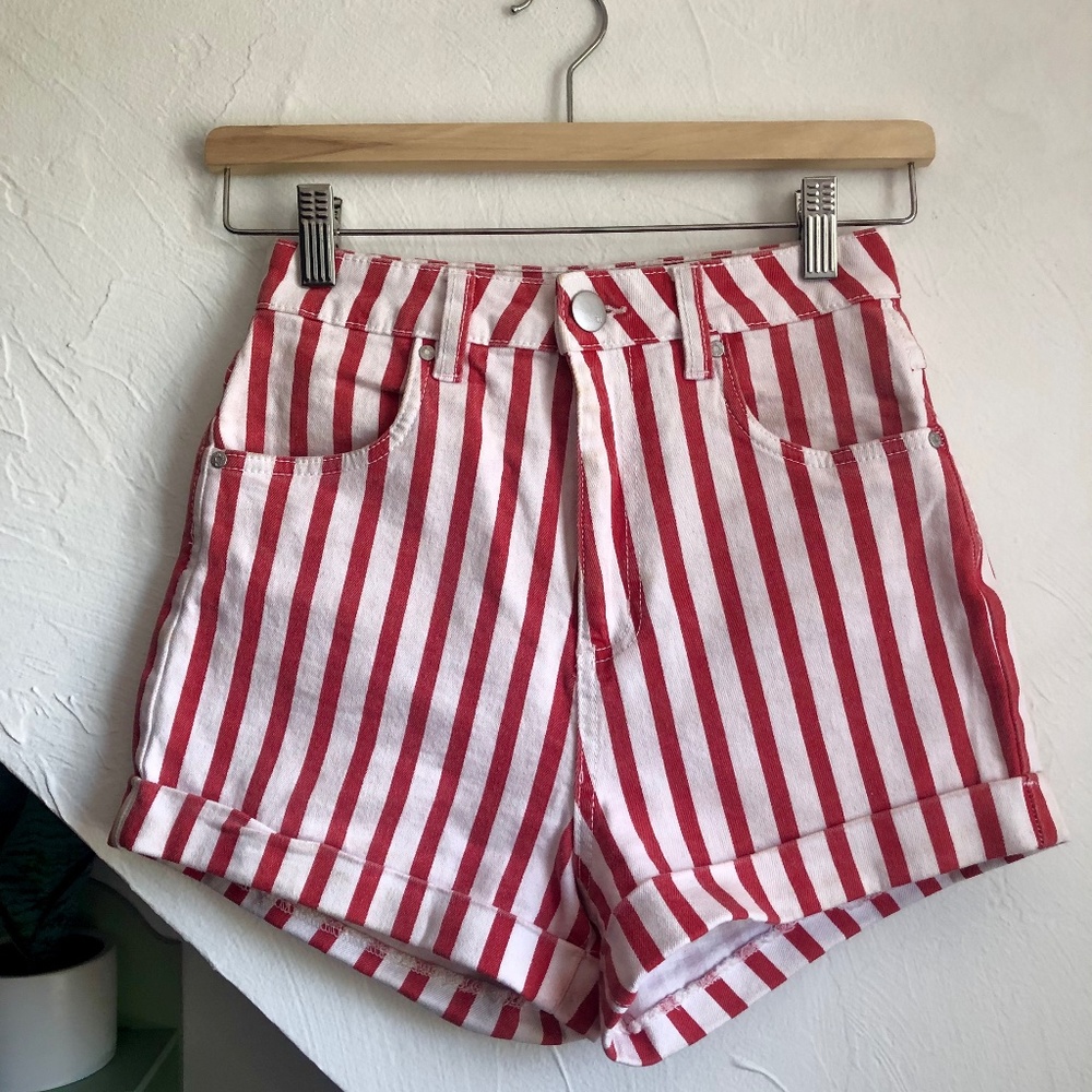High waisted red and white striped shorts